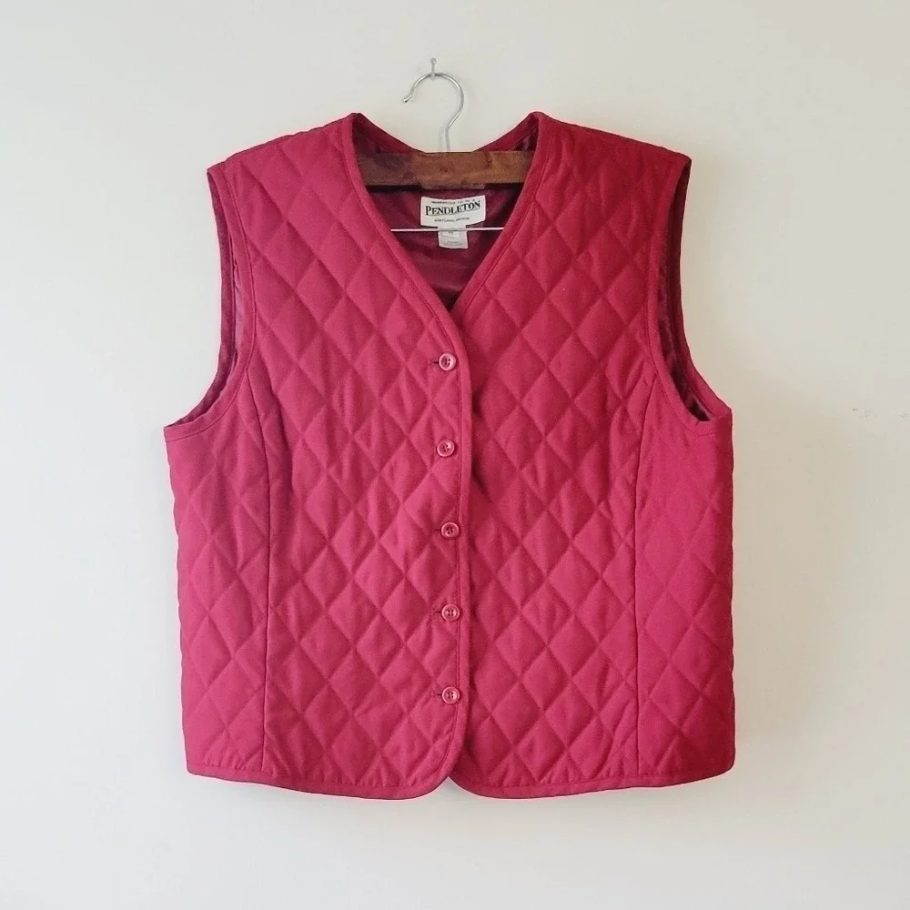 Pendleton Womens Red Diamond Quilted Button Front V-Neck Puffer Vest Size Medium